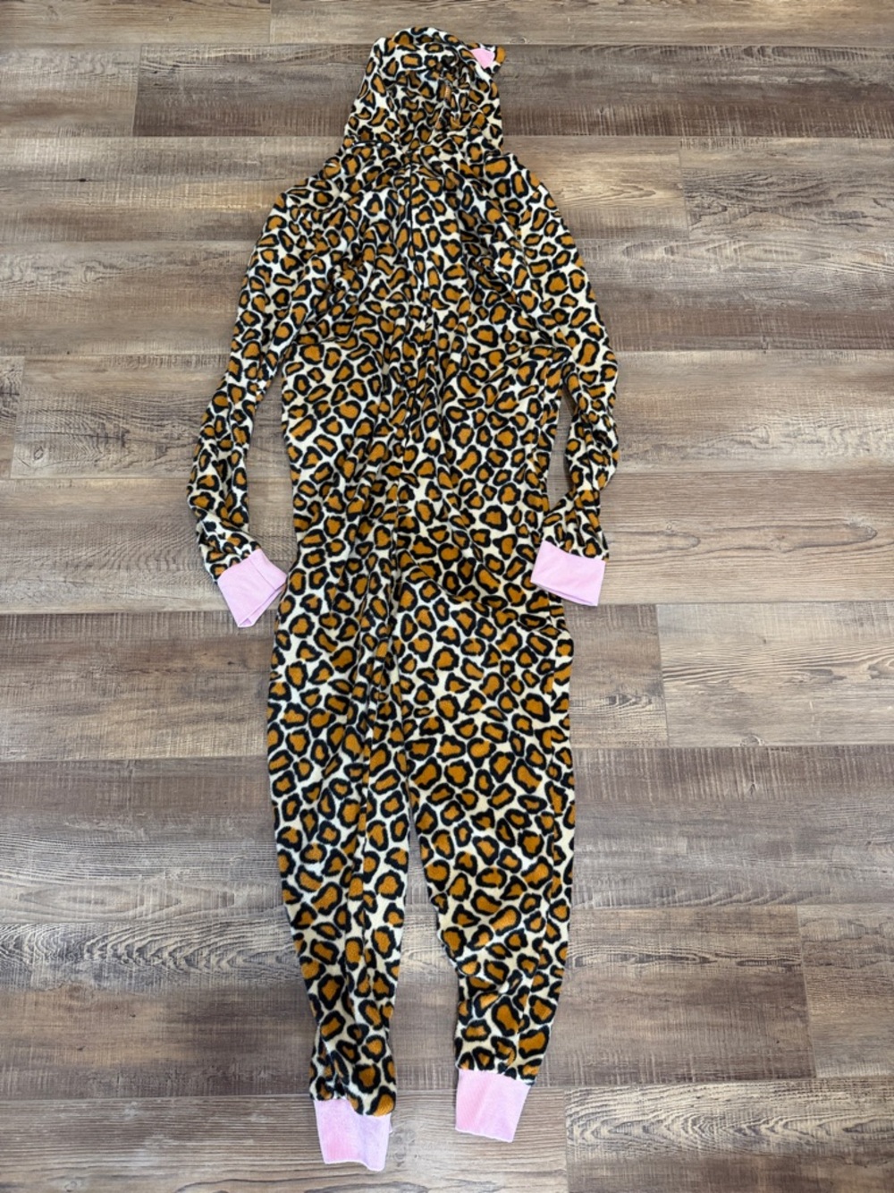 Leopard Print Hooded One-Piece Jumpsuit pajamas with Pink Cuffs adult small
